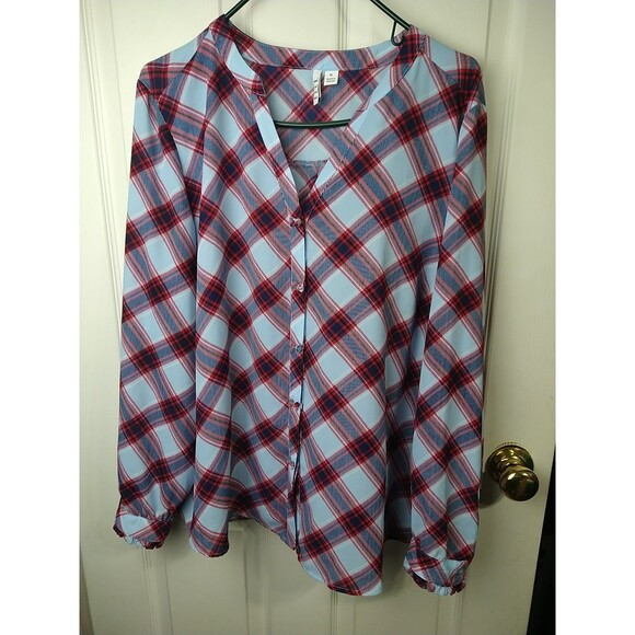 Elle Woman XL V Neck Plaid Shirt Bowtie Long Sleeve Semi Sheer Business Office - Picture 1 of 10